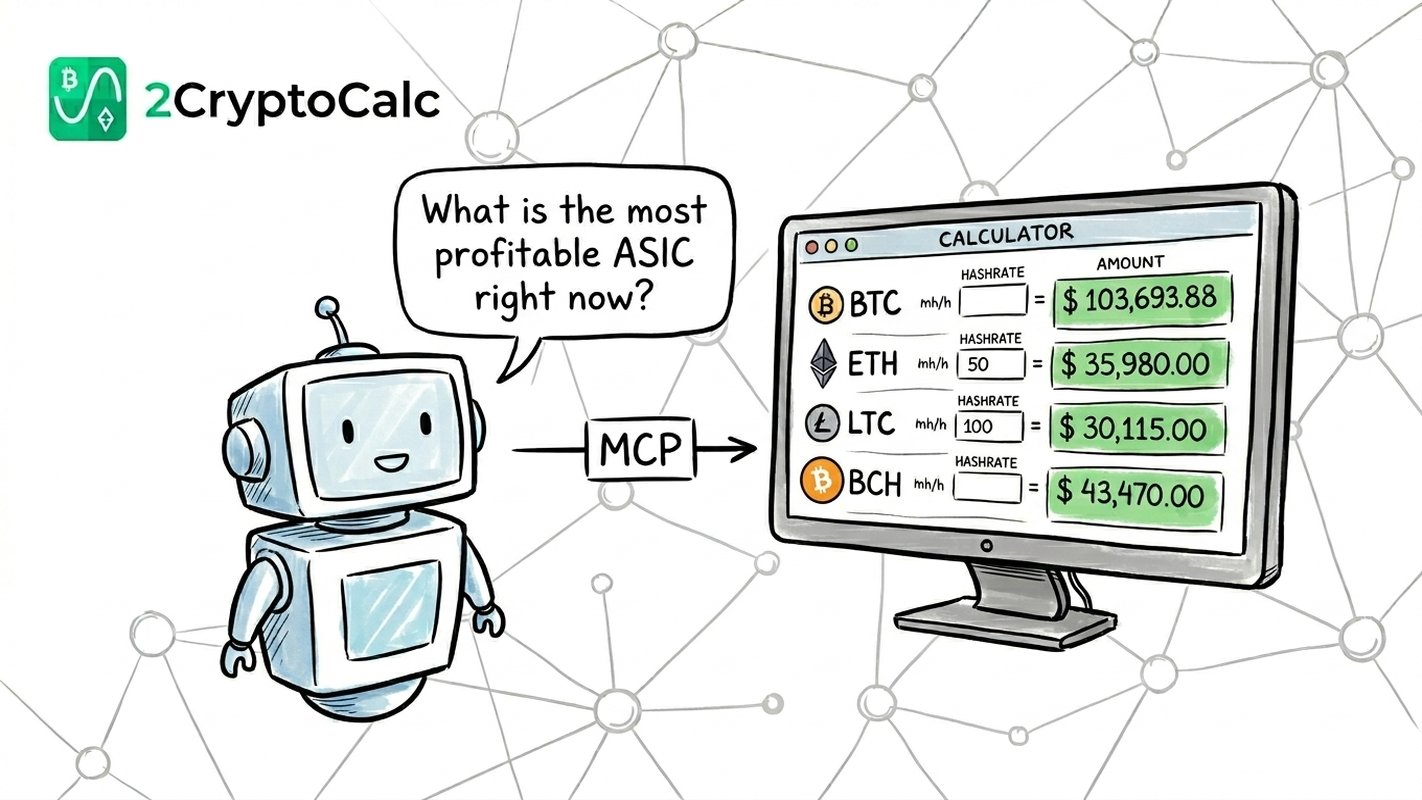 AI assistant connected to 2CryptoCalc via MCP protocol to calculate mining profitability