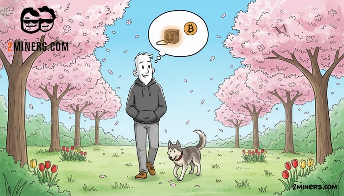 2Miners miner and his dog walking in a blooming May park while his rig mines Bitcoin at home