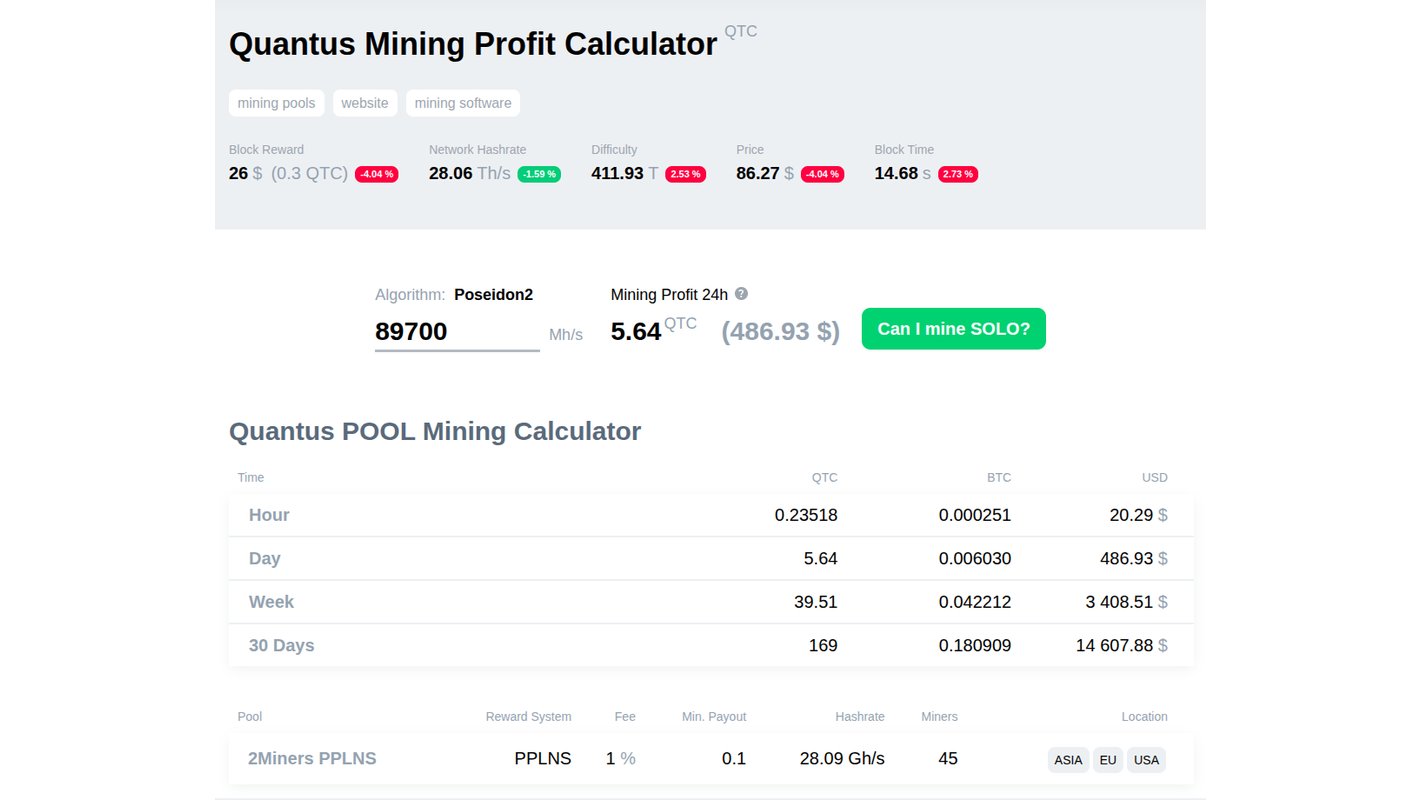 2CryptoCalc Quantus QTC mining profit calculator with Poseidon2 hashrate and 2Miners PPLNS pool