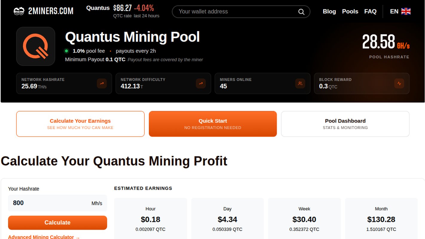 2Miners Quantus QTC mining pool dashboard: 1% fee, payouts every 2 hours, 0.1 QTC minimum payout