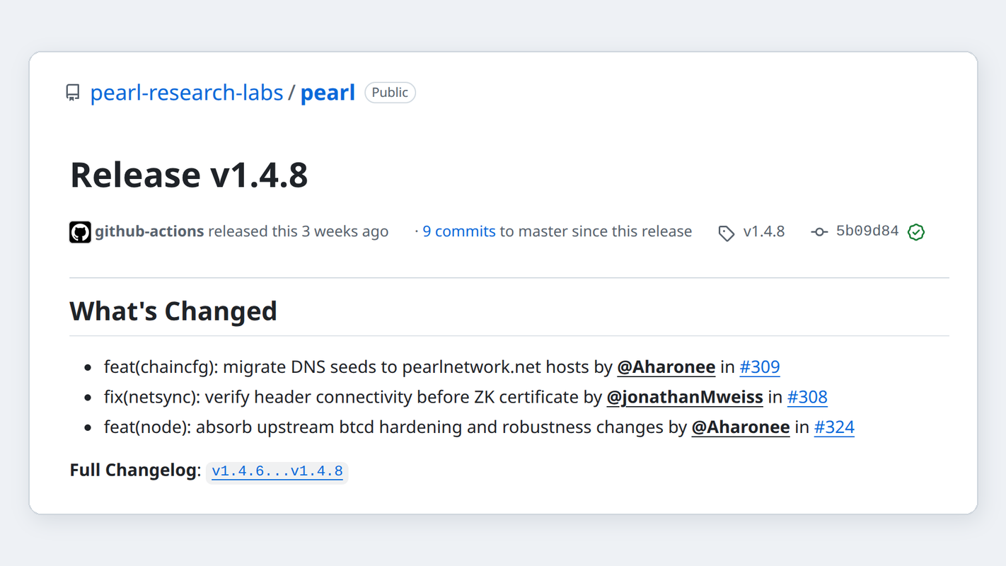 Pearl (PRL) node v1.4.8 release on GitHub, commit 5b09d84