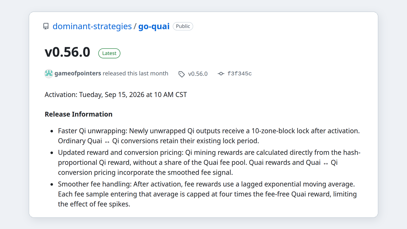 go-quai v0.56.0 release notes on GitHub: faster Qi unwrapping, new Qi reward calculation and smoothed fee rewards