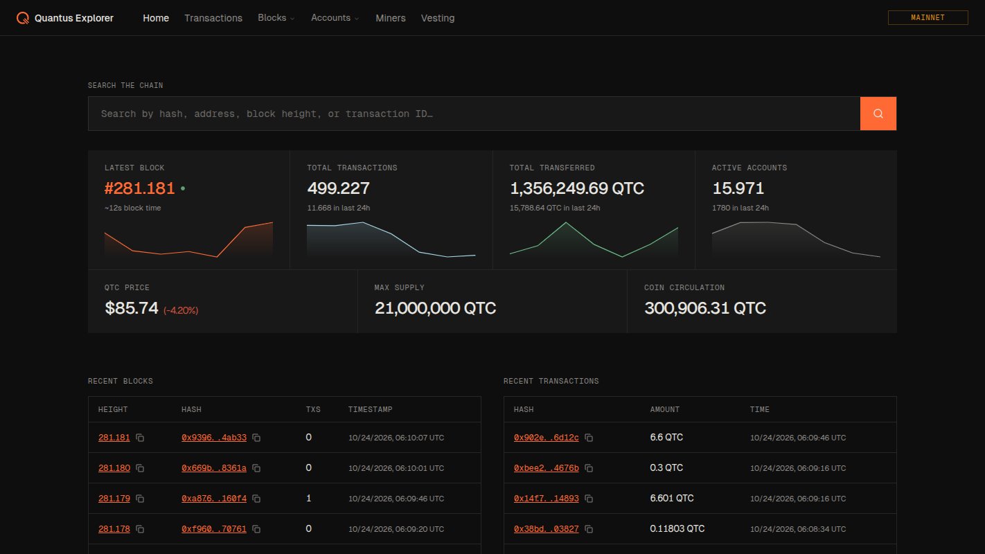 Quantus explorer showing QTC block height, max supply 21,000,000 QTC and recent blocks